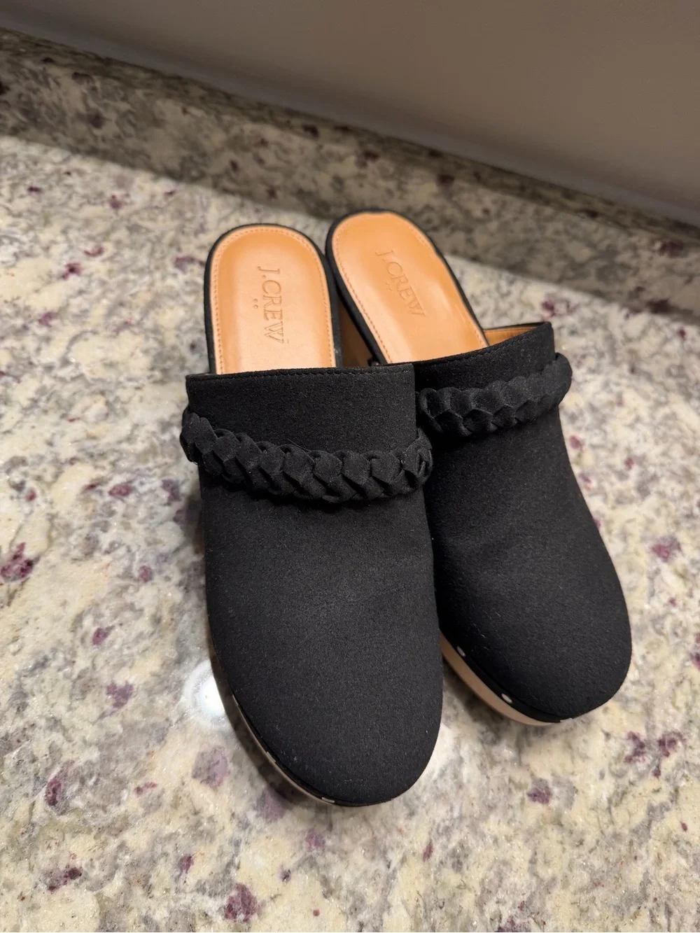 Jcrew Black Block Heel Clogs Mule Suede Wood Shoes Sandals Chunky